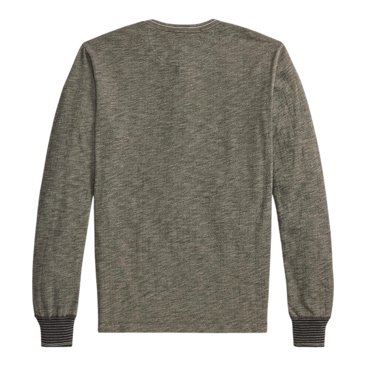 RRL indigo jacquard long sleeve henley shirt in black multi with ribbed cuffs, back view