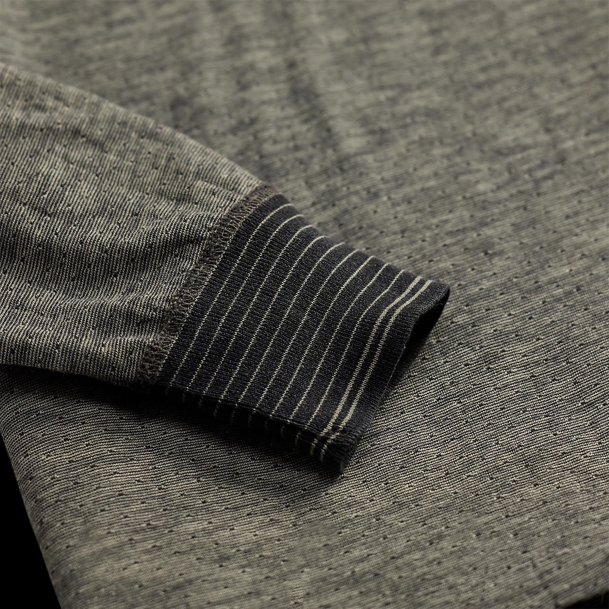 RRL indigo jacquard henley shirt sleeve with black multi striped ribbed cuff detail