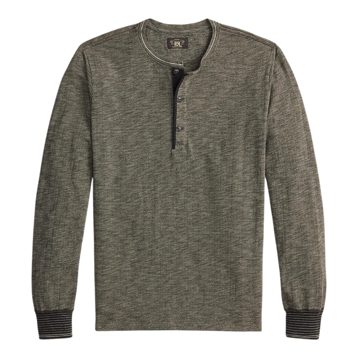 RRL indigo jacquard long-sleeve henley shirt in black multi with a three-button oxford placket and ribbed cuffs.