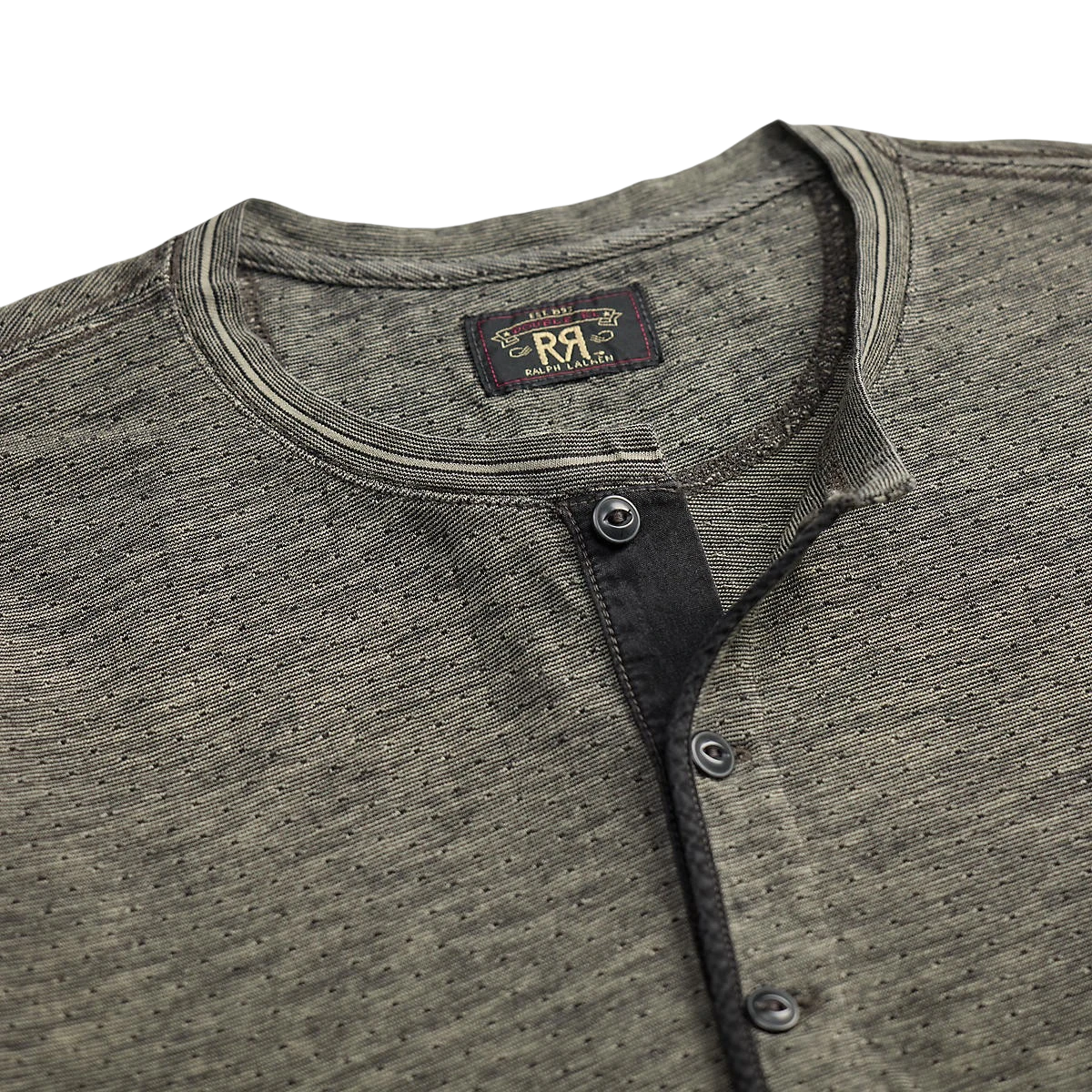 RRL indigo jacquard henley shirt in black multi with a three-button oxford placket and textured cotton fabric