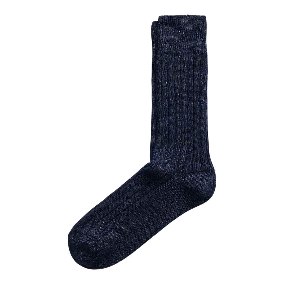 RRL indigo blue crew socks made from a ribbed stretch cotton-blend yarn, featuring a classic knit design.