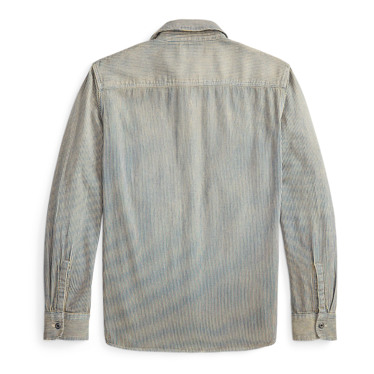 Back view of Double RL indigo striped cotton twill workshirt with a faded lived-in finish and long sleeves.
