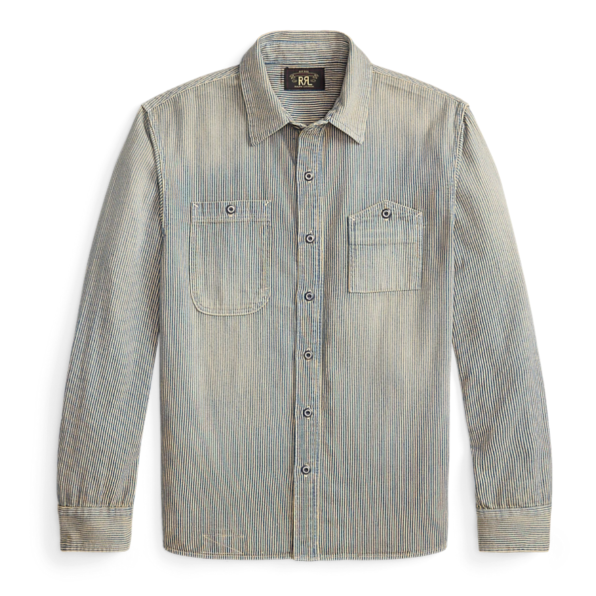 Double RL indigo striped twill workshirt with distressed metal buttons and two chest pockets in a relaxed fit.