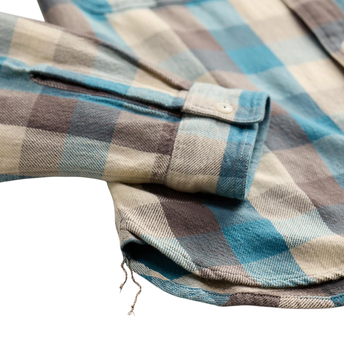 RRL blue and white plaid cotton twill workshirt featuring authentic runoff chain-stitched side seams