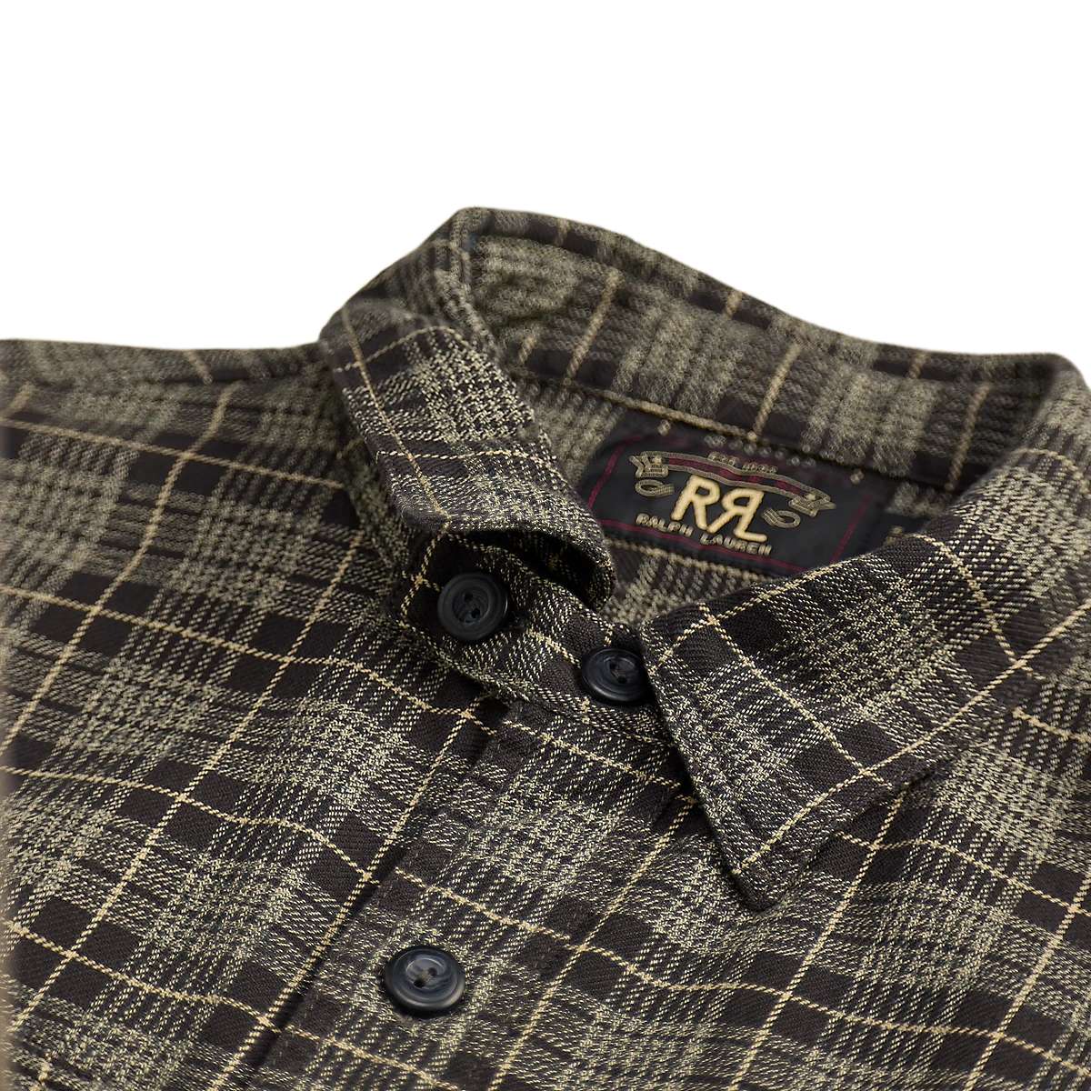 RRL Double RL grey and white plaid cotton twill workshirt with a vintage-inspired collar and buttoned placket.