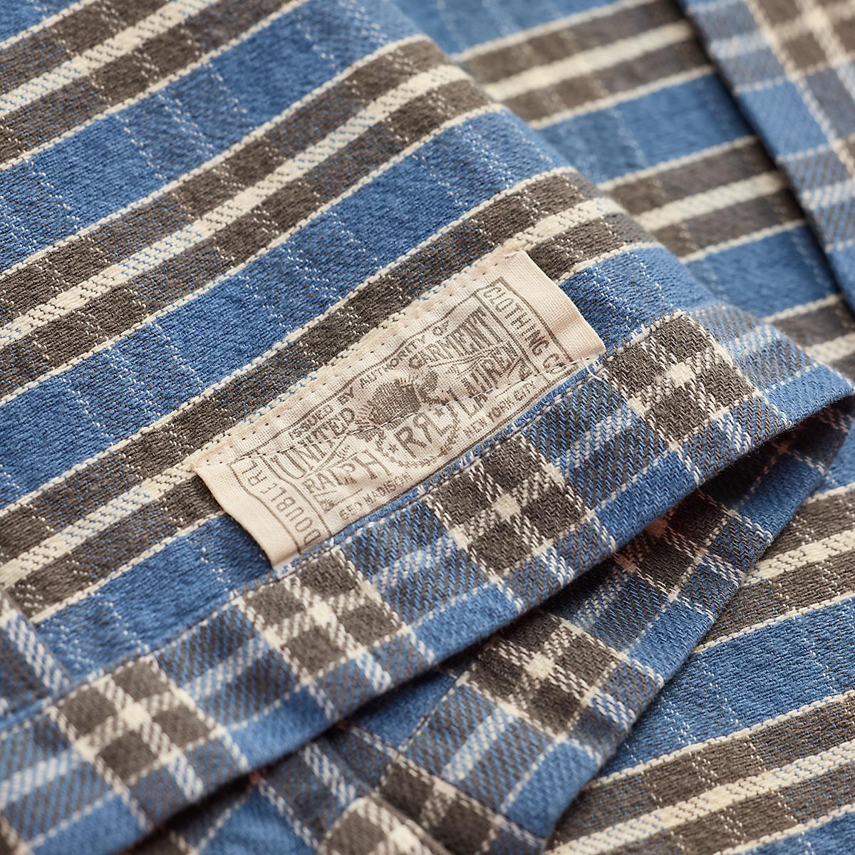 RRL blue and grey yarn-dyed plaid heavyweight cotton twill camp shirt with interior brand label detail