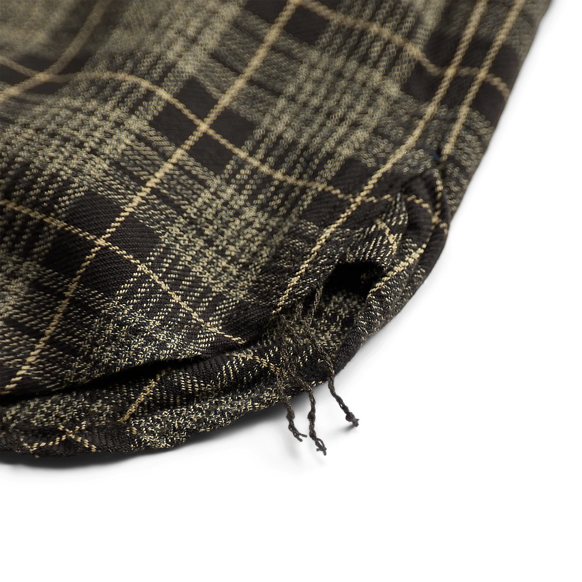 RRL grey and white plaid cotton twill workshirt showing authentic runoff chain-stitched side seam construction.