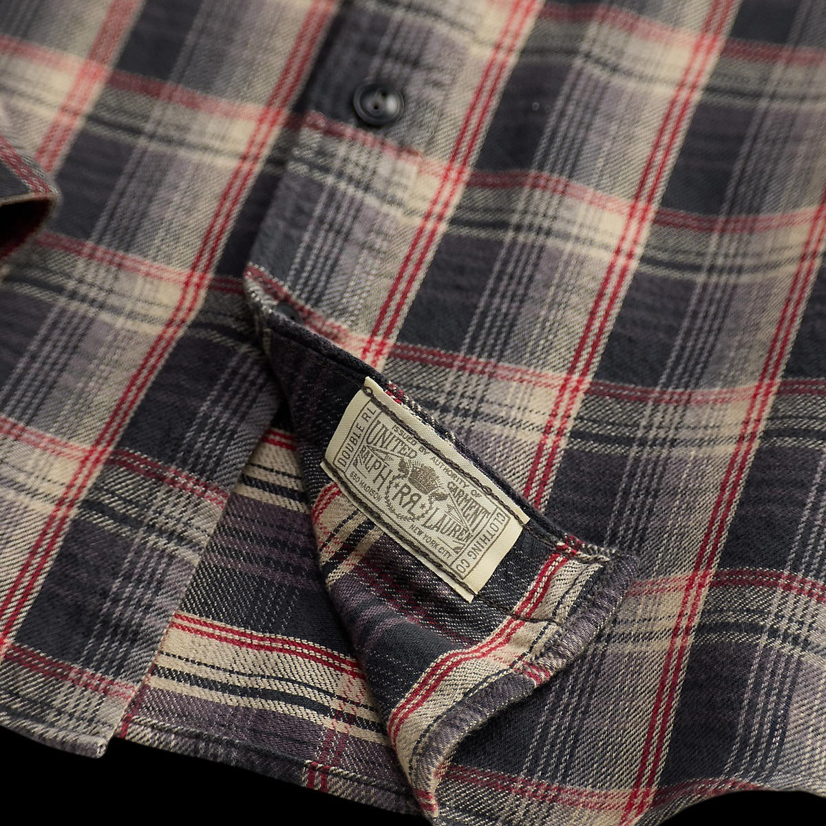 RRL Plaid Twill Workshirt in red and grey cotton with a vintage-inspired pattern and Double RL interior label