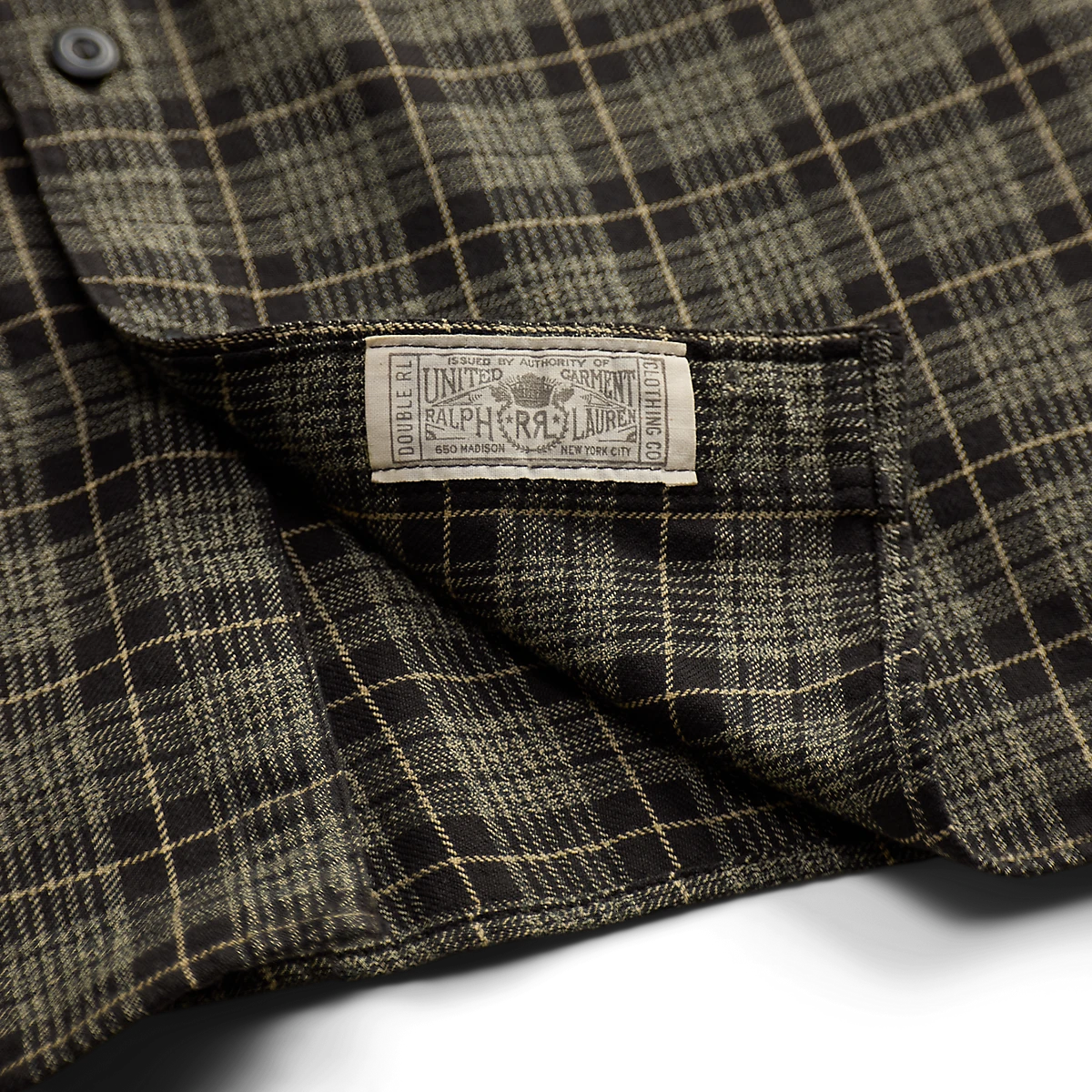 RRL Double RL grey and white plaid cotton twill workshirt featuring a vintage-inspired interior brand label