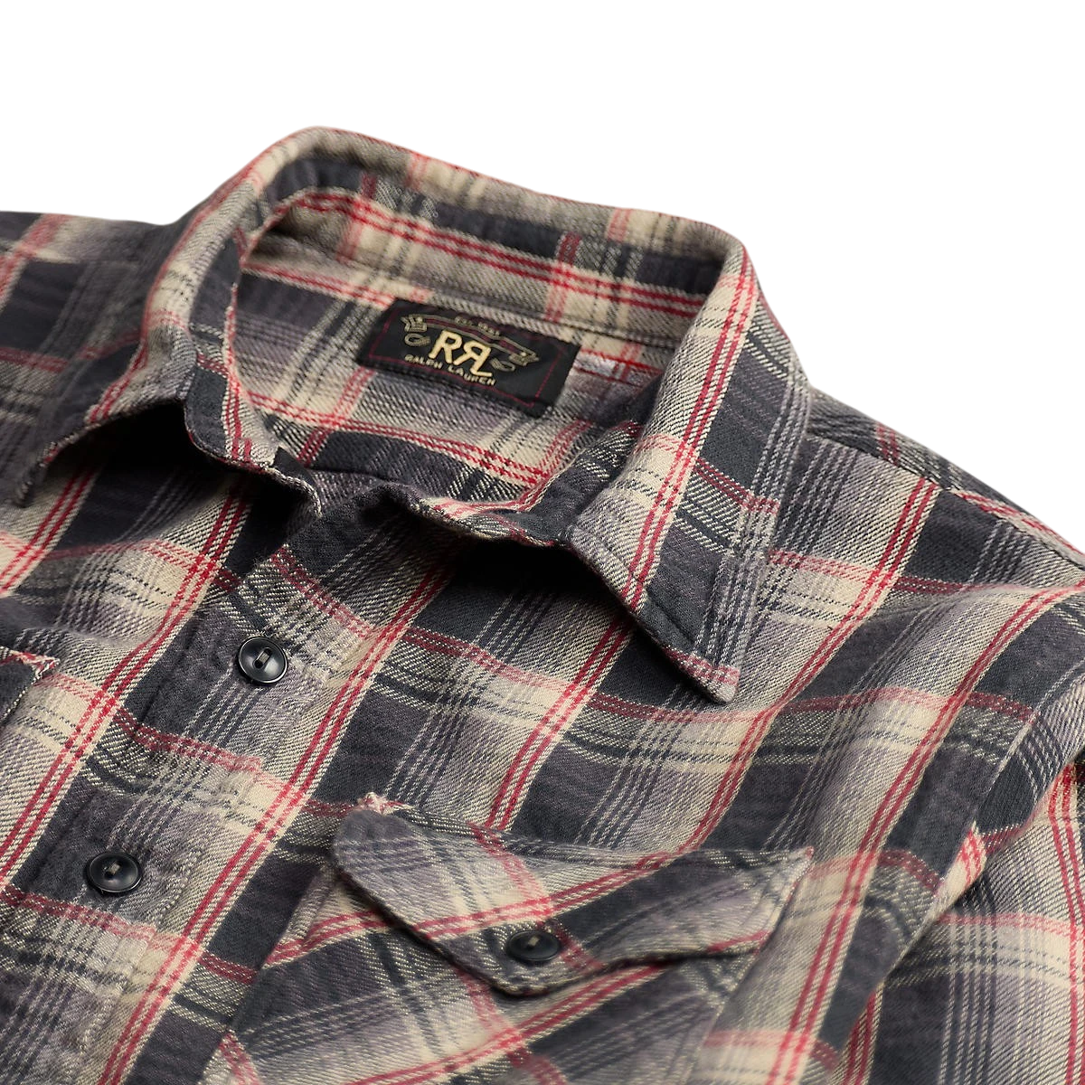 RRL Plaid Twill Workshirt in red and grey cotton with a vintage-inspired pattern and buttoned chest pocket.
