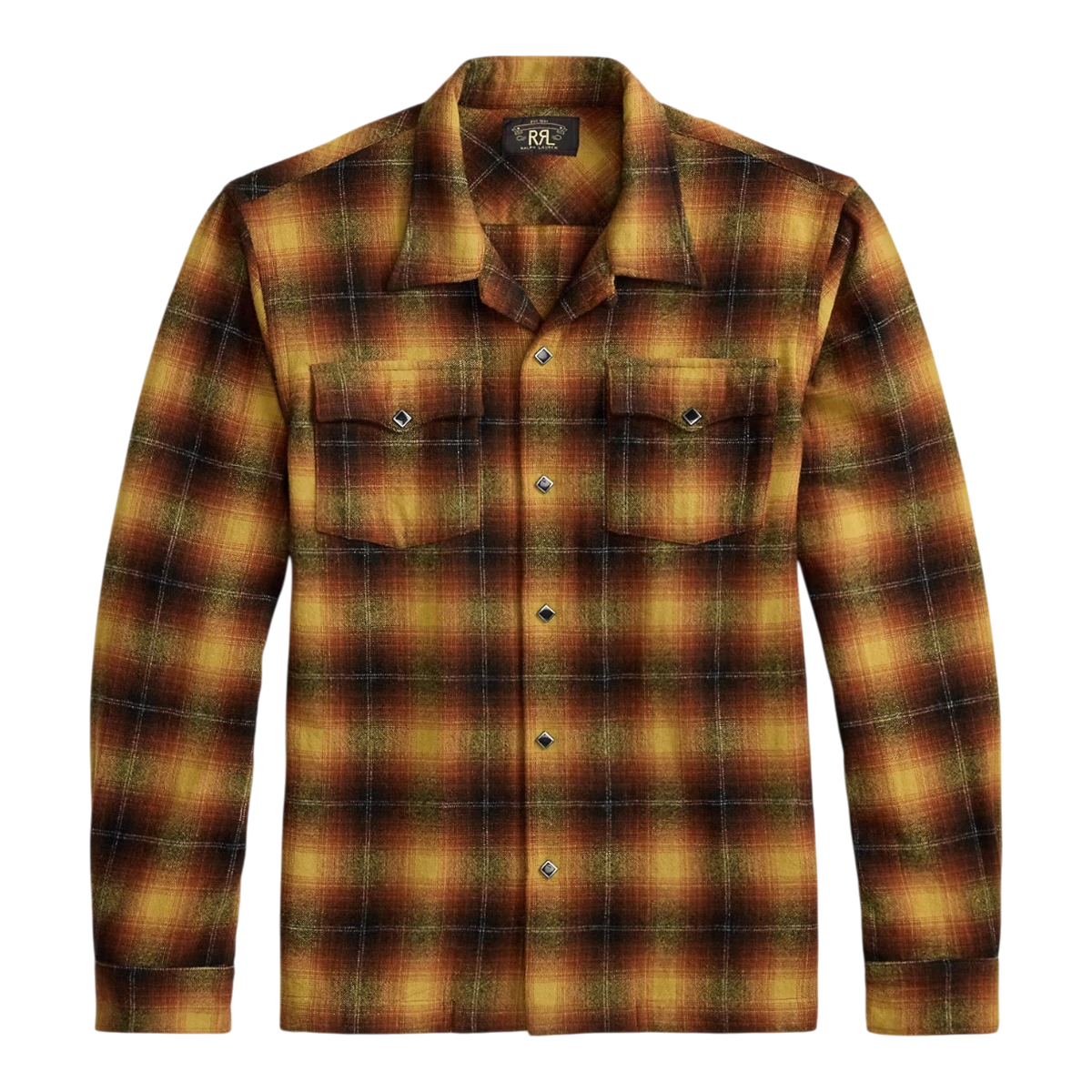 RRL plaid camp shirt in orange and yellow wool-blend with western-inspired diamond snap buttons and chest pockets.