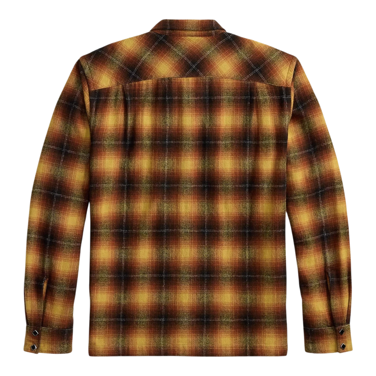Back view of RRL orange and yellow plaid wool-blend camp shirt with a pleated back yoke.