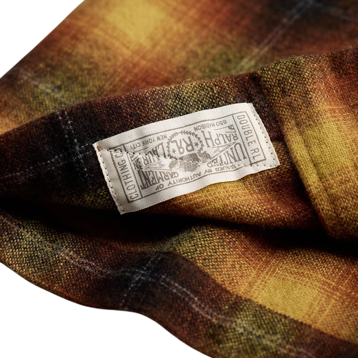 RRL Plaid Wool-Blend Camp Shirt featuring a Double RL brand label on orange and yellow textured fabric