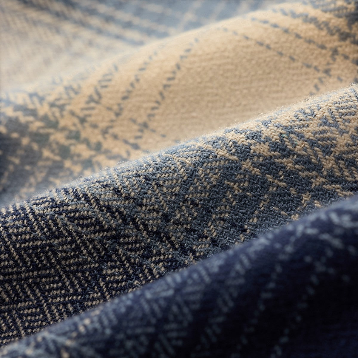 RRL plaid wool twill overshirt fabric in blue and cream with a vintage-inspired shadow-plaid texture
