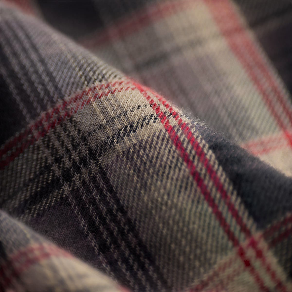 RRL plaid twill workshirt fabric close-up featuring a brushed red and grey vintage-inspired yarn-dyed pattern.