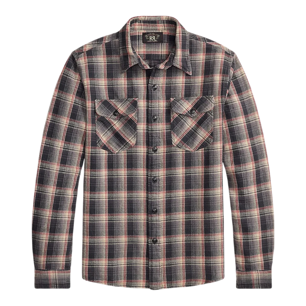 RRL red and grey plaid cotton twill workshirt with two chest pockets and a vintage-inspired brushed finish.