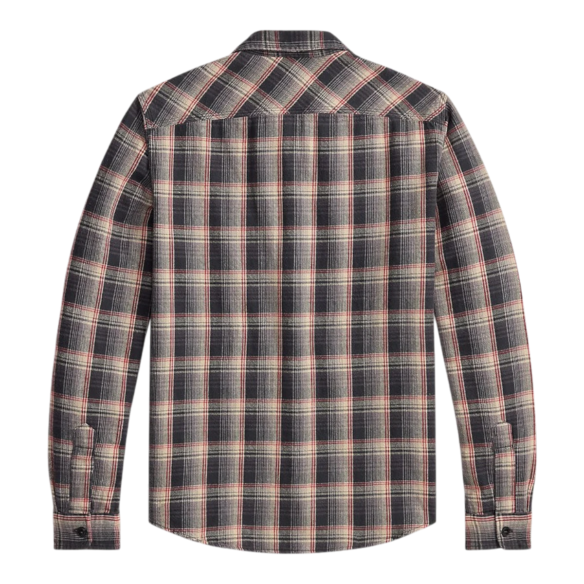 RRL red and grey plaid cotton twill workshirt, back view showing brushed finish and vintage-inspired pattern.