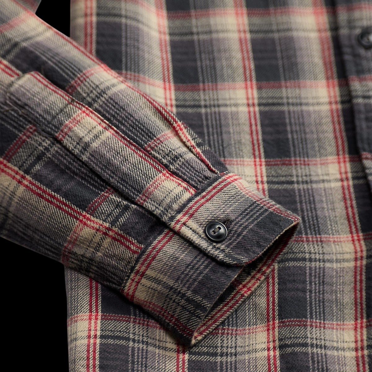 RRL red and grey plaid cotton twill workshirt sleeve with buttoned barrel cuff and brushed finish
