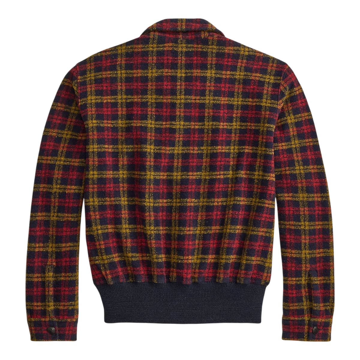 Back view of RRL red and yellow plaid wool-blend flight jacket with a ribbed hem and long sleeves.
