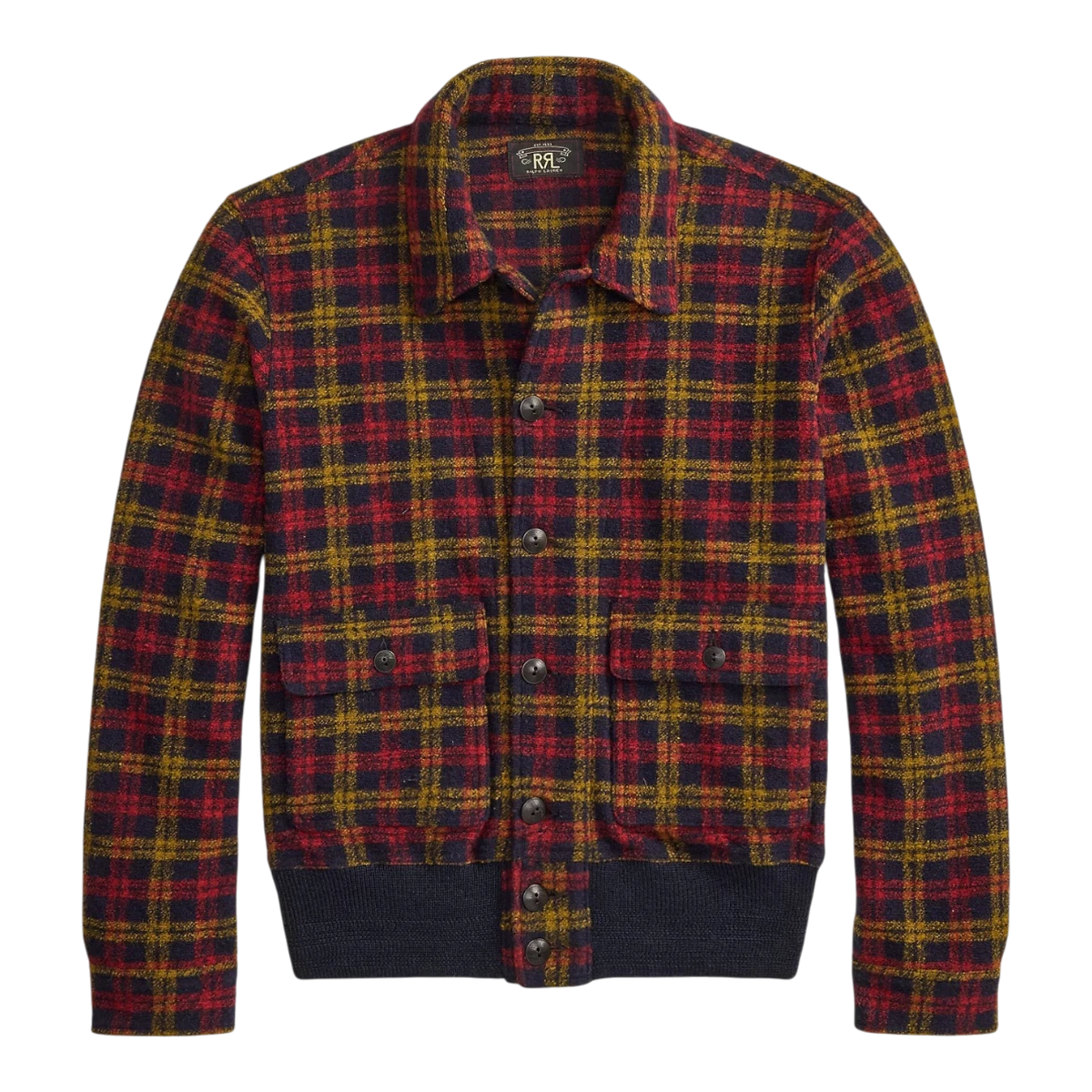 RRL vintage-inspired red and yellow plaid wool-blend flight jacket with buttoned pockets and ribbed hem