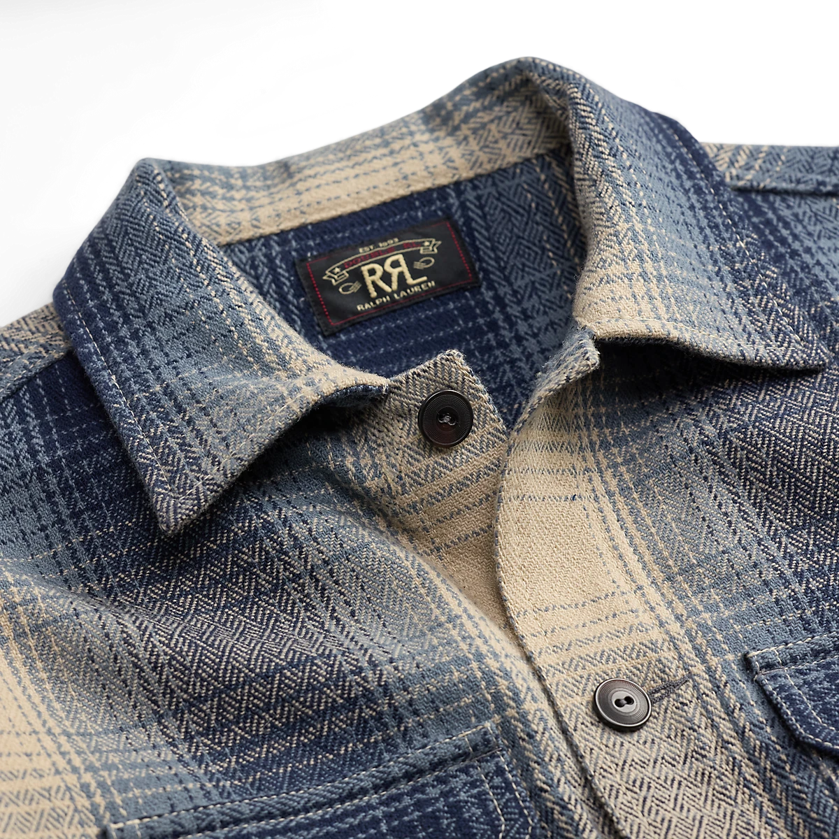 MILWORKS RRL blue and cream shadow-plaid wool twill overshirt with a straight collar and corozo buttons