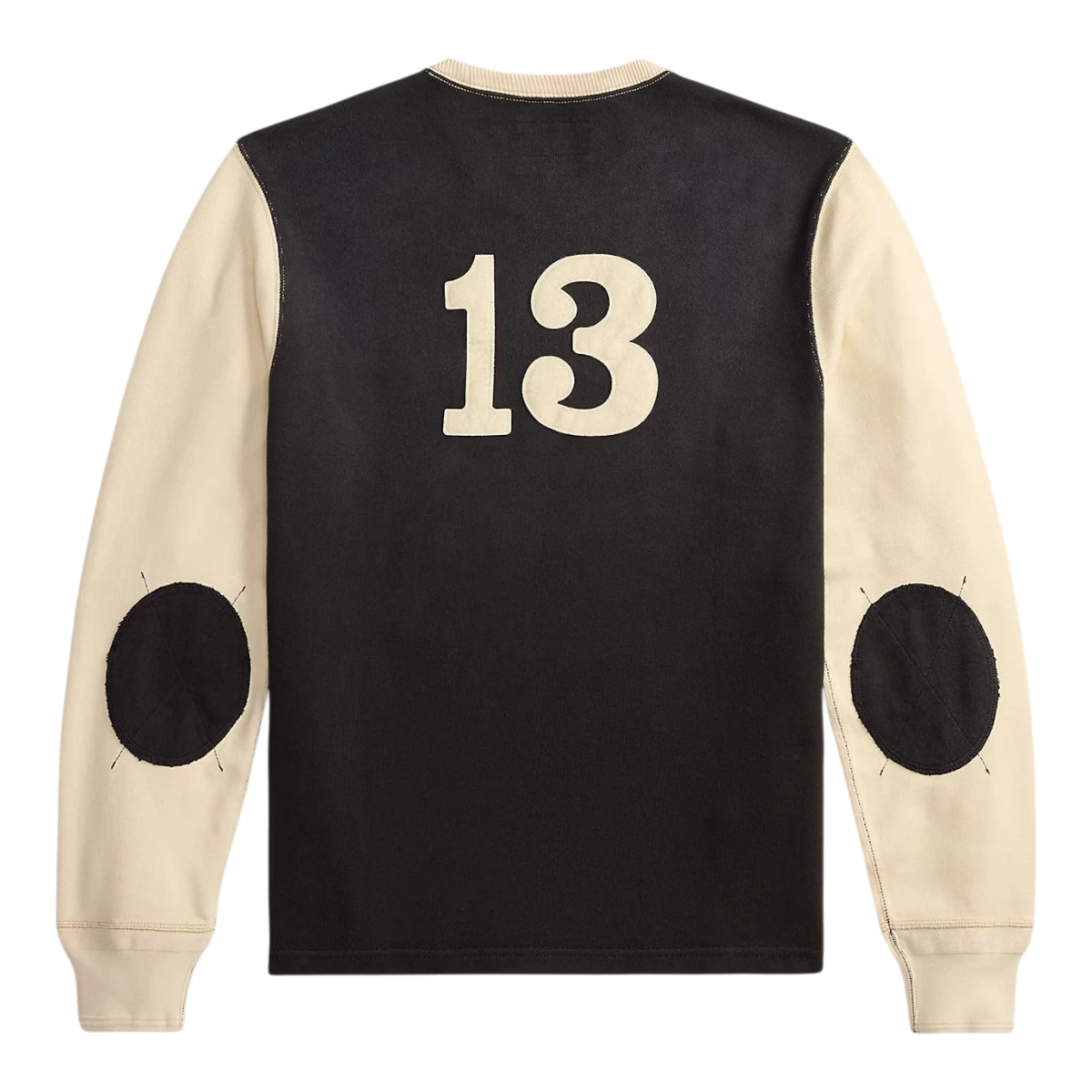 RRL two-tone cotton jersey t-shirt in faded black and cream with a felt 13 appliqué and elbow patches on the back