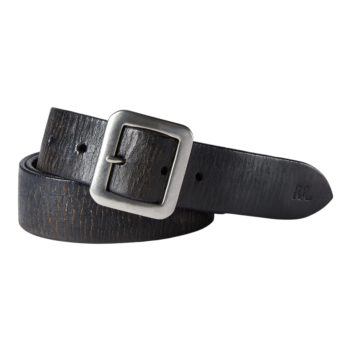 RRL vintage black hand-burnished vegetable-tanned leather belt with a custom silver-tone single-prong buckle.