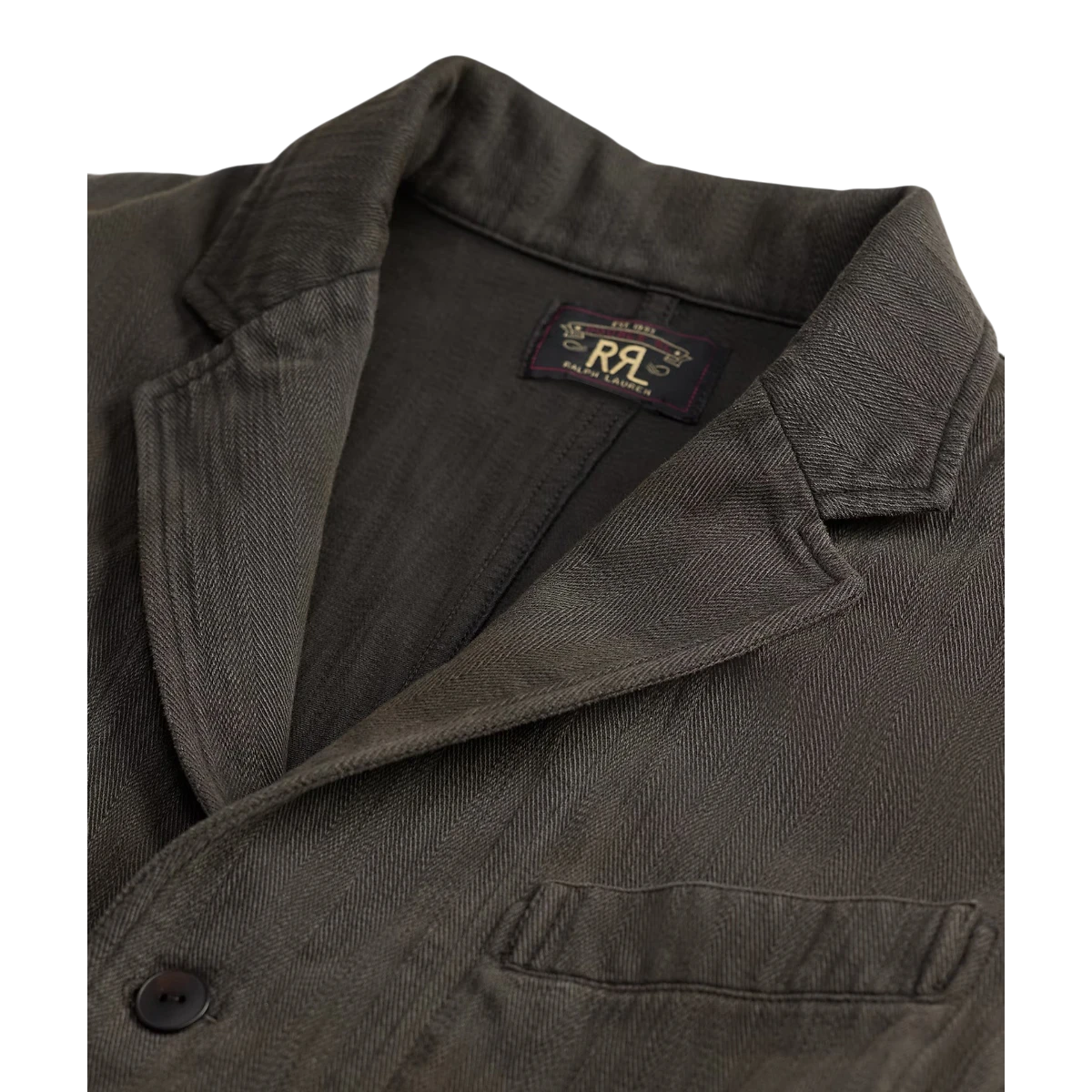 RRL washed black knit herringbone twill blazer with notch lapels and chest pocket