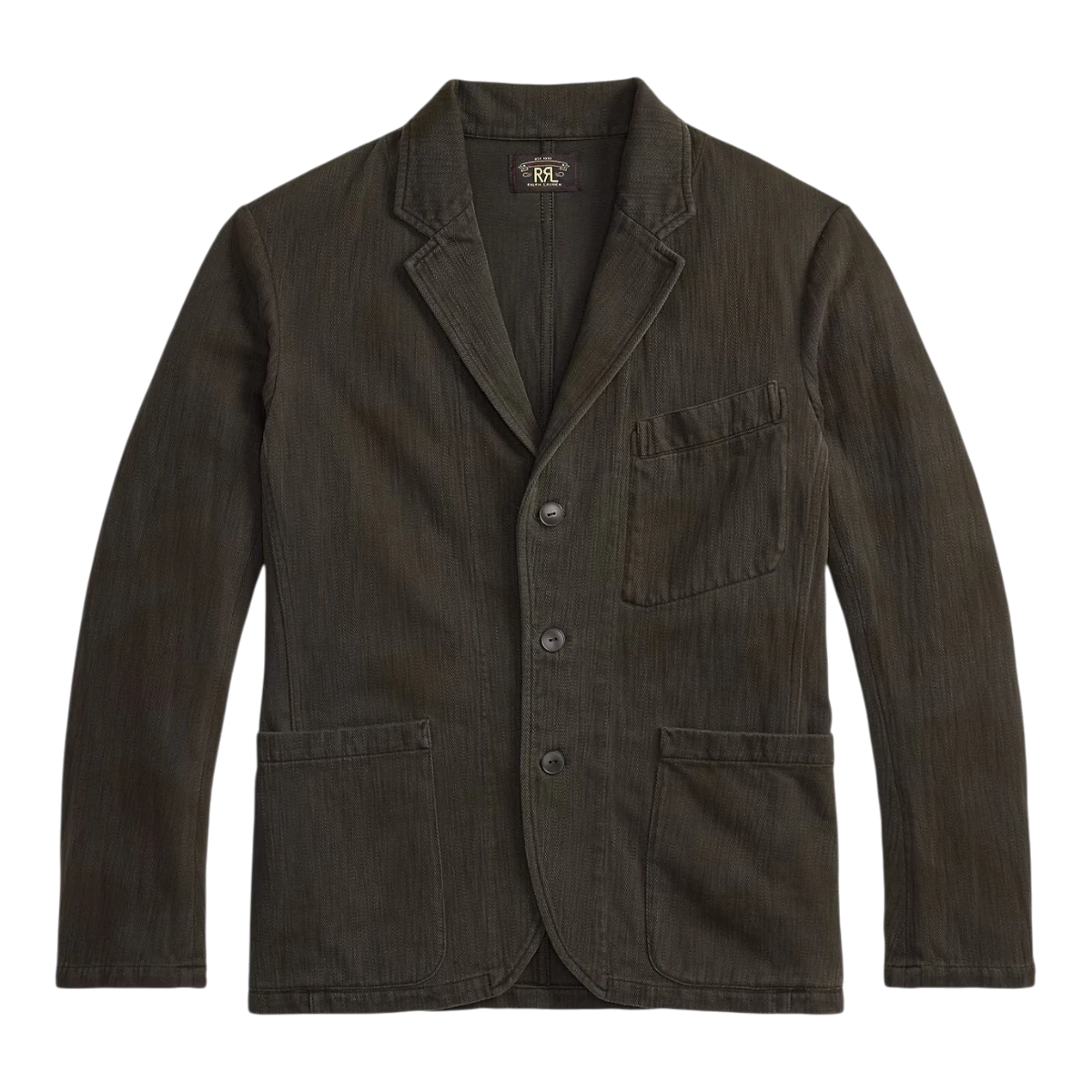 RRL washed black knit herringbone twill blazer with notch lapels, three-button closure, and patch pockets.