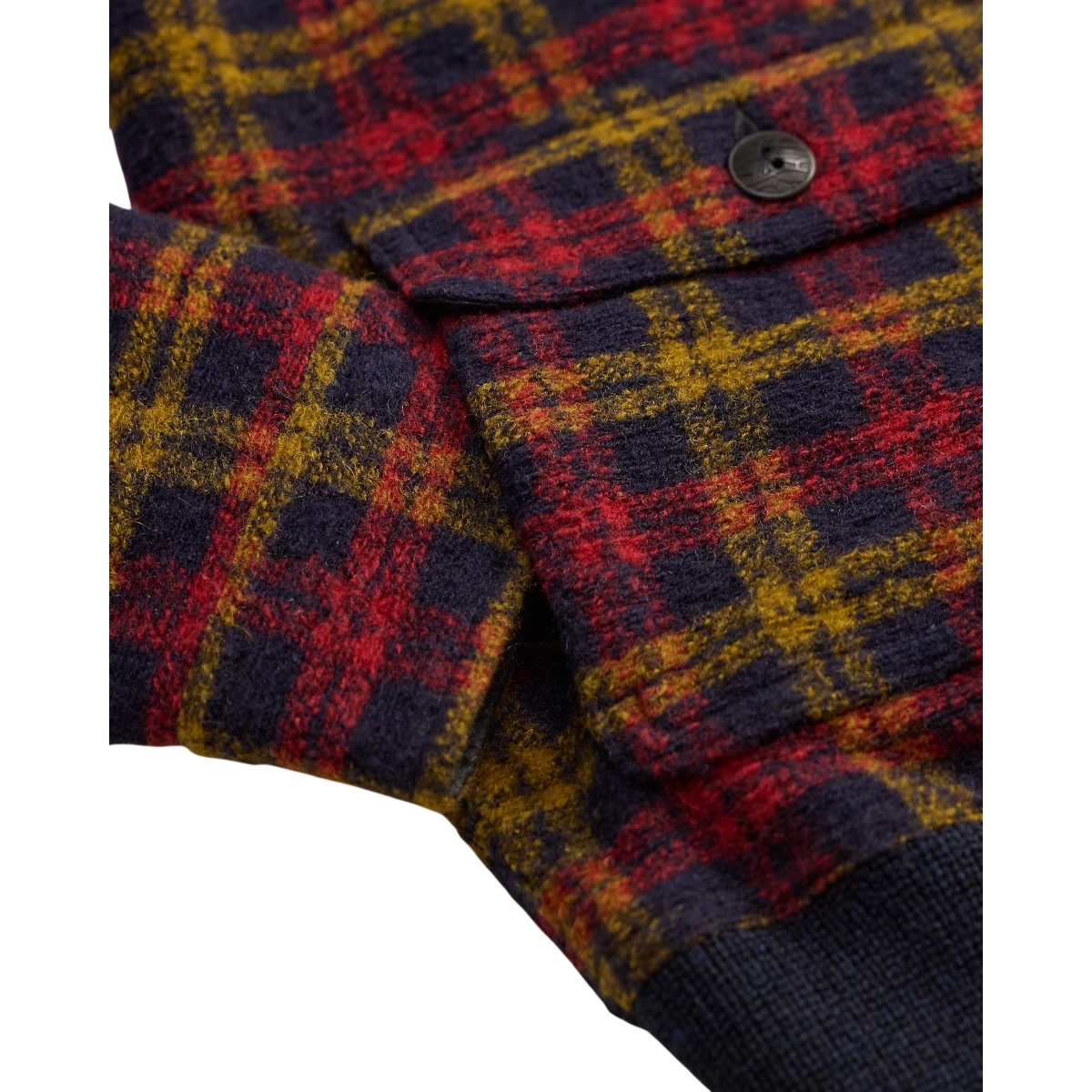 Close-up of RRL red and yellow plaid wool-blend flight jacket featuring a buttoned pocket and ribbed hem.
