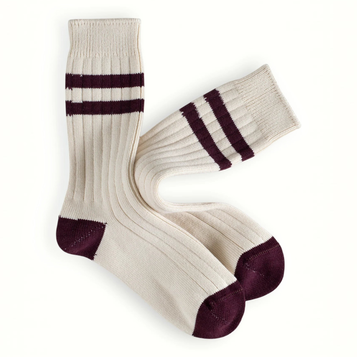 MILWORKS vintage-inspired ribbed cotton socks in cream with burgundy stripes and heel and toe accents.
