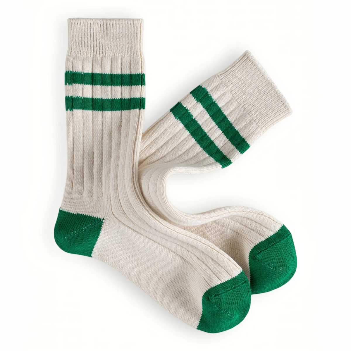 MILWORKS Racquet Club Collection ribbed cotton socks in cream with green stripes and toe and heel accents.