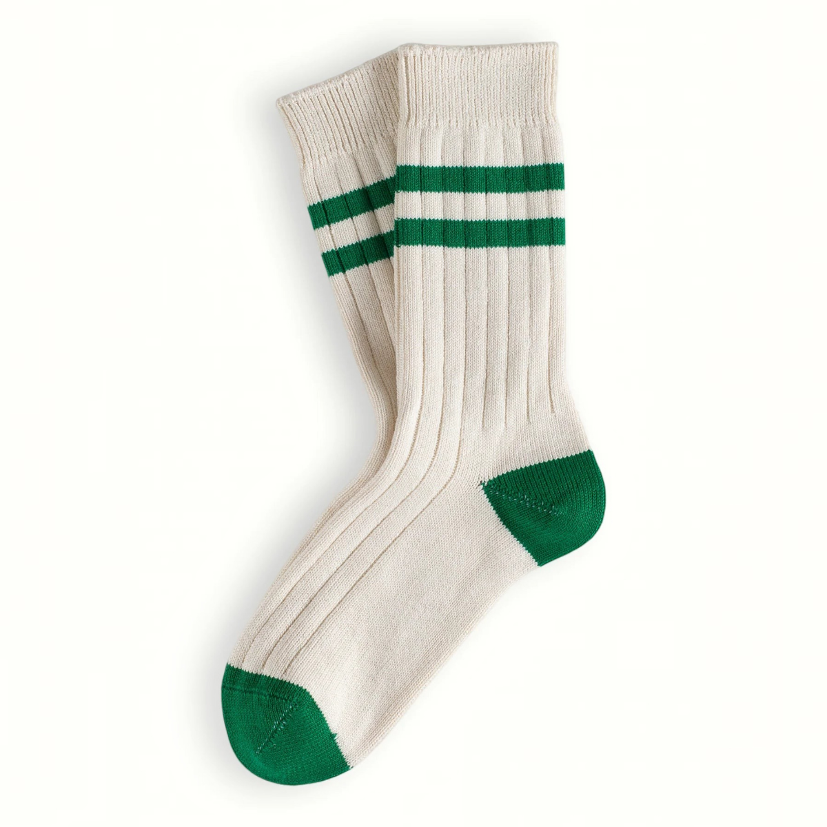 MILWORKS The Racquet Club Collection ribbed cotton socks in off-white with green stripes, heel, and toe accents.
