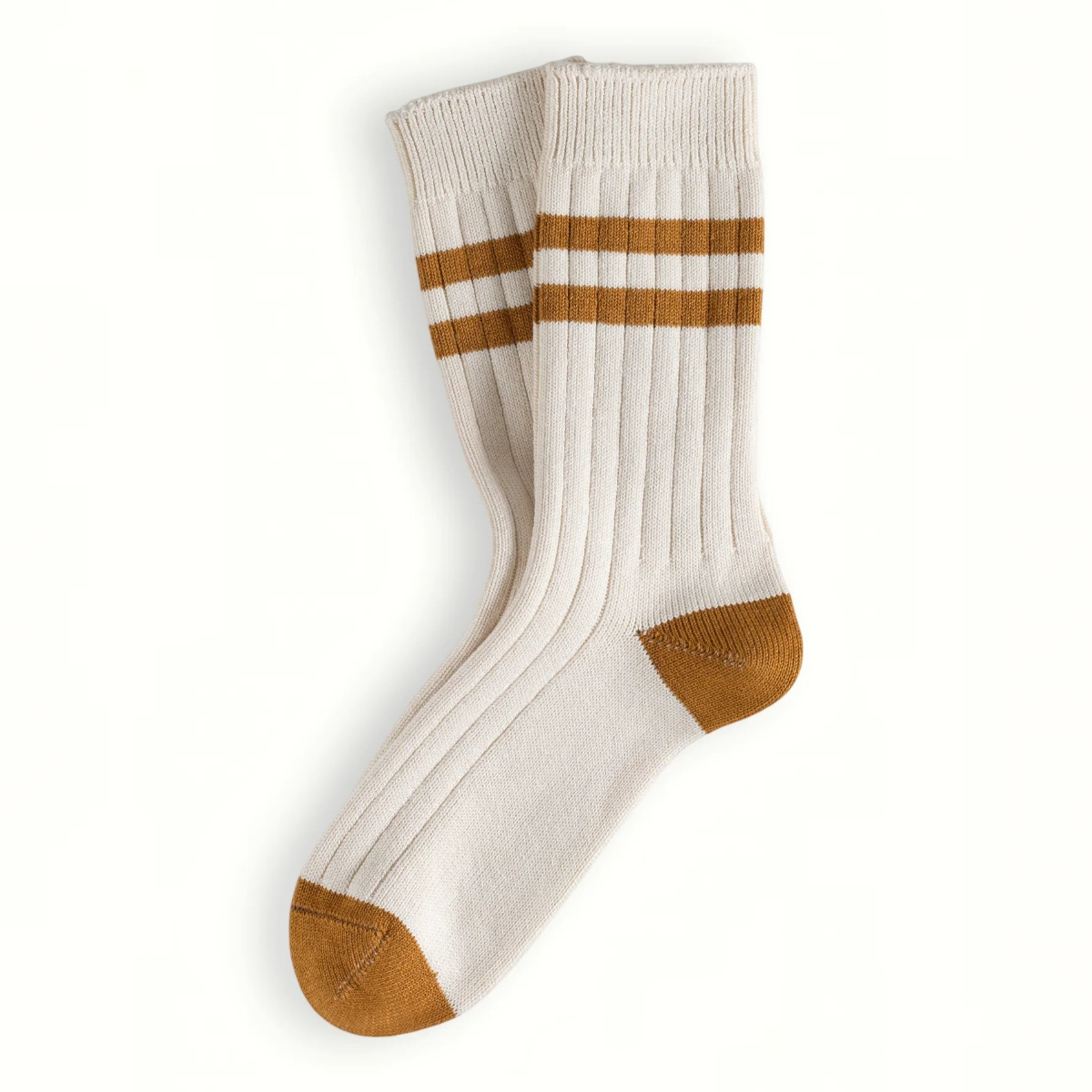 MILWORKS The Racquet Club Collection ribbed cotton socks in cream with mustard stripes, heel, and toe accents.