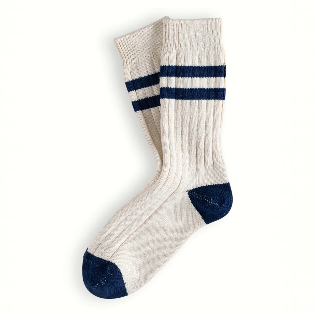 MILWORKS The Racquet Club Collection cream cotton ribbed socks with navy blue stripes, heel, and toe accents.