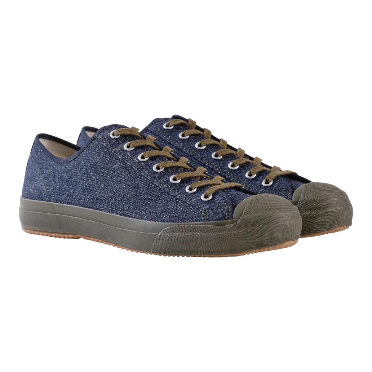 MILWORKS x The Rite Stuff x Papa Nui x John Lofgren indigo denim sneakers with vulcanized olive rubber soles.