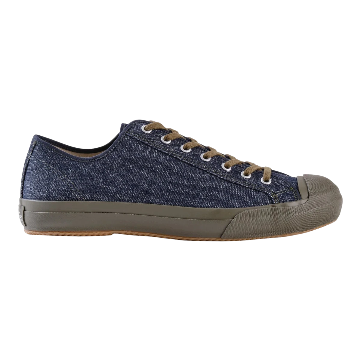 MILWORKS The Rite Stuff x Papa Nui x John Lofgren indigo denim sneakers with olive vulcanized rubber soles.