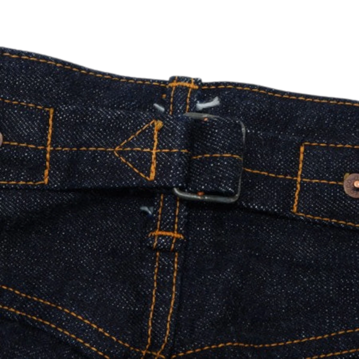 UES 17oz dark indigo selvedge denim jeans featuring a vintage-style back cinch buckle and contrast stitching