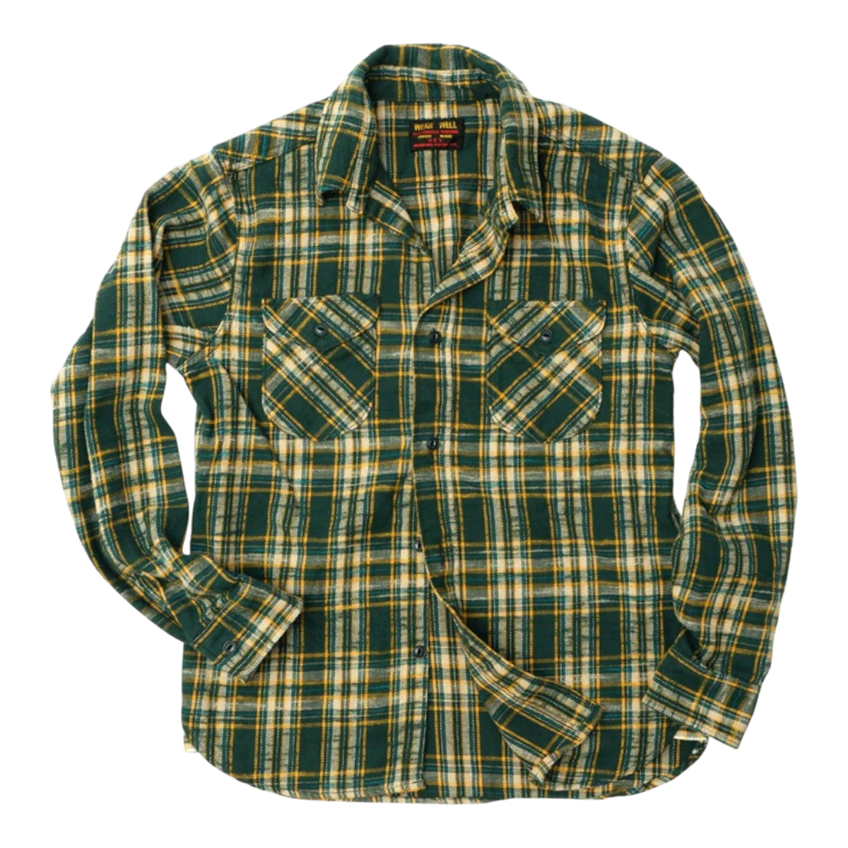 MILWORKS UES green slub heavy flannel shirt with a small check pattern, long sleeves, and dual chest pockets.