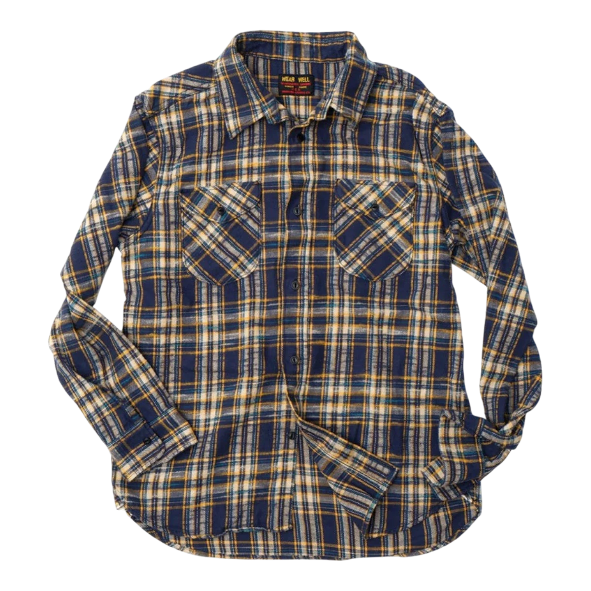 UES navy slub heavy flannel shirt with a small check pattern, long sleeves, and two chest pockets.