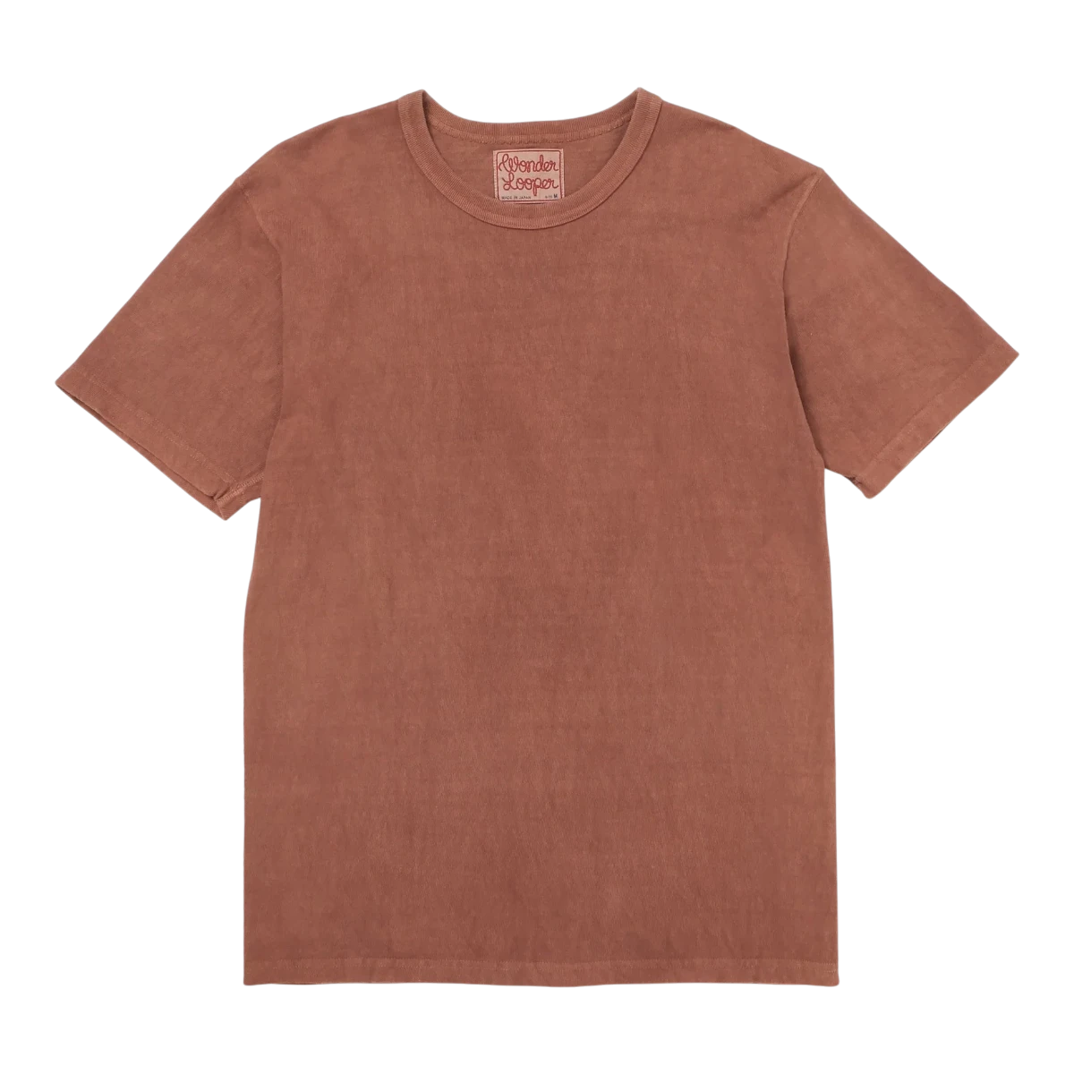 Wonder looper Amami hand-dyed recycled cotton slub t-shirt in a warm, earthy rosy brown with a ribbed crewneck collar.