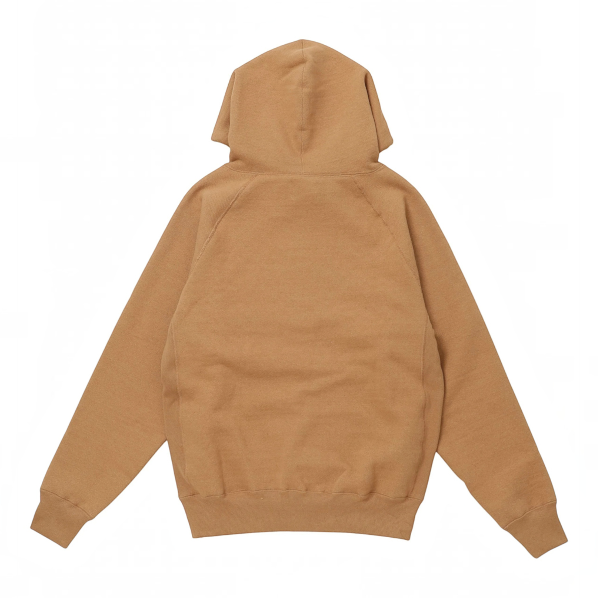 Back view of MILWORKS Foxfibre Coyote 80 heavyweight French terry pullover hoodie with raglan sleeves.