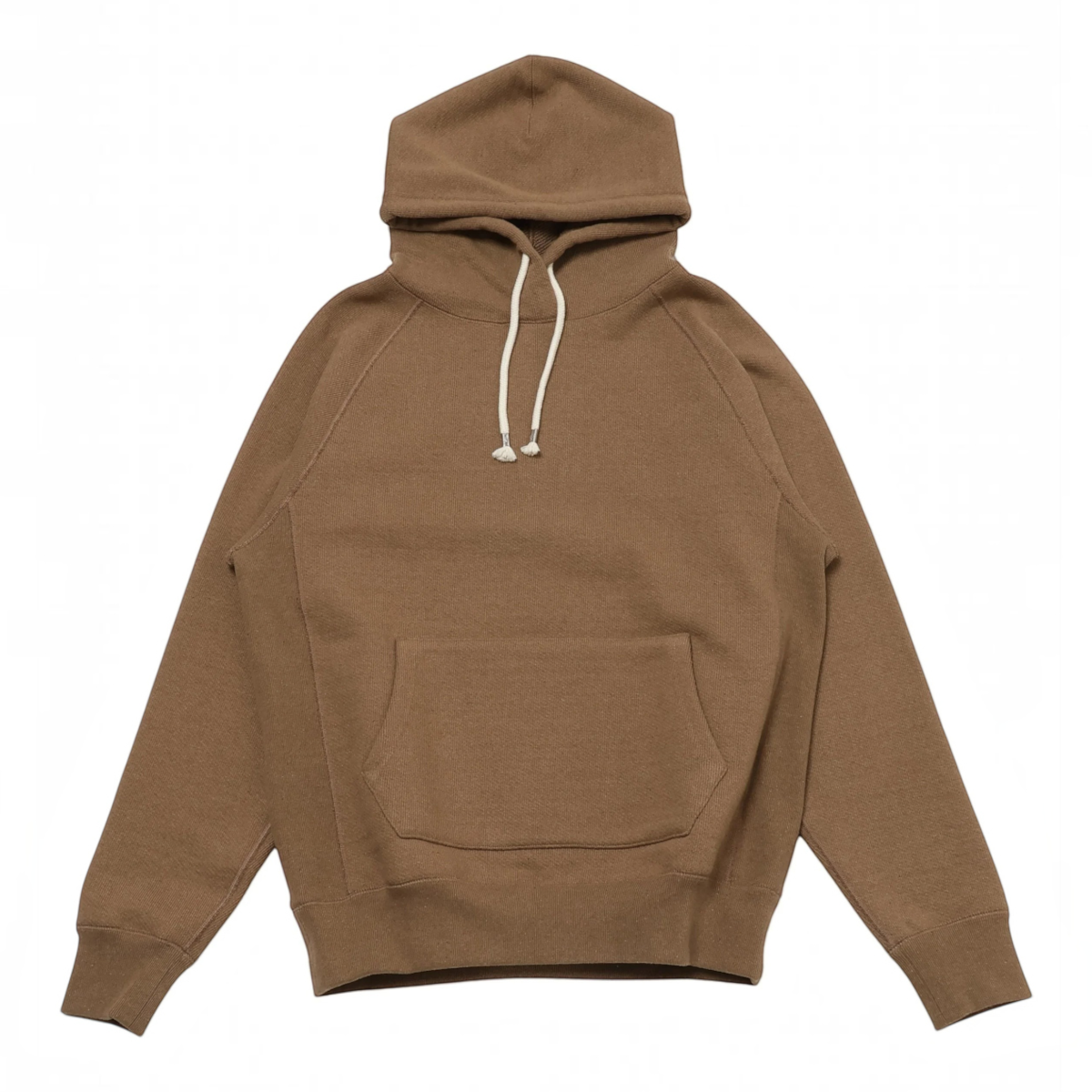 MILWORKS pullover hoodie in coyote 80 brown heavy French terry cotton with raglan sleeves and a drawstring hood.