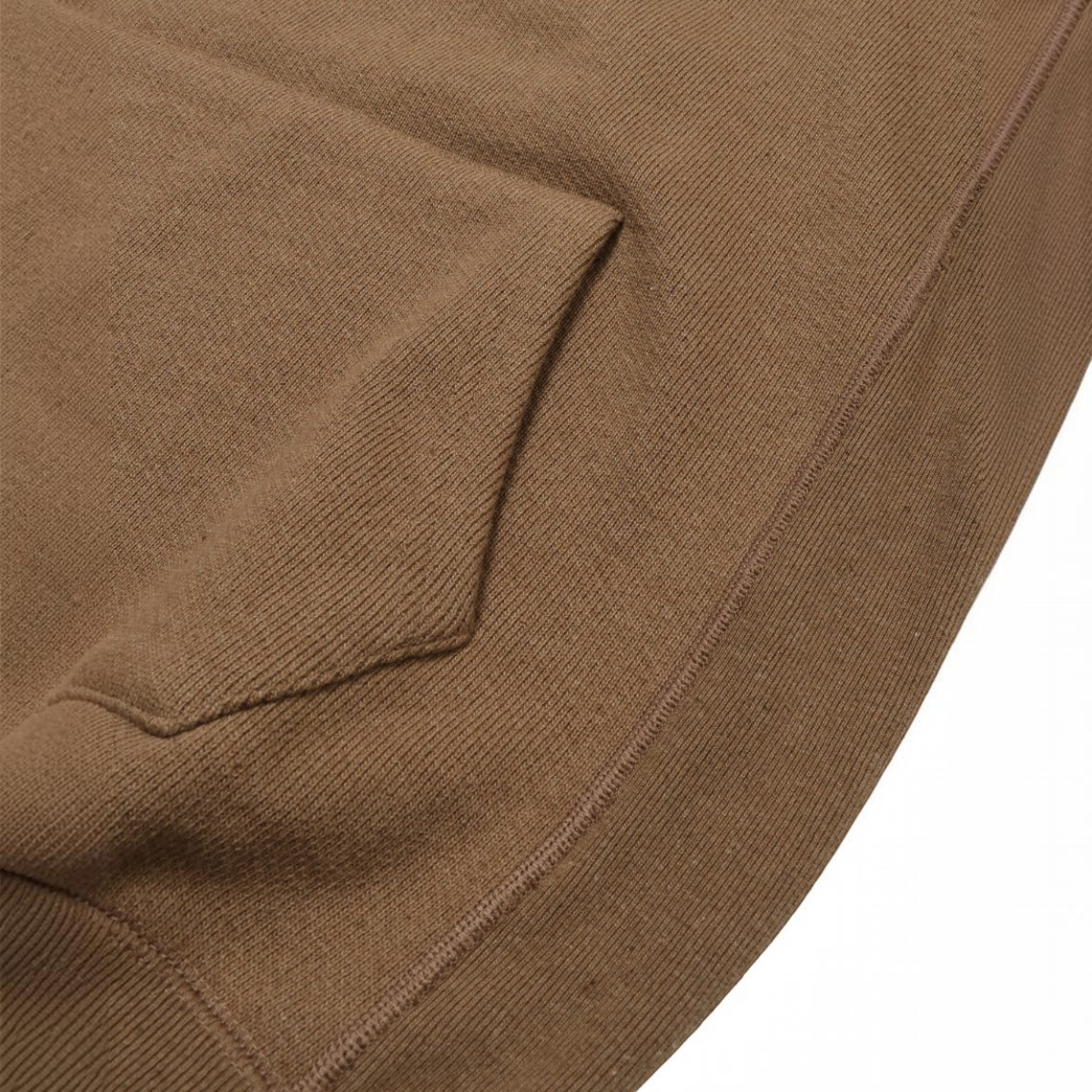 milworks.momyote brown Foxfibre double heavyweight French terry pullover hoodie with hand warmer pocket detail
