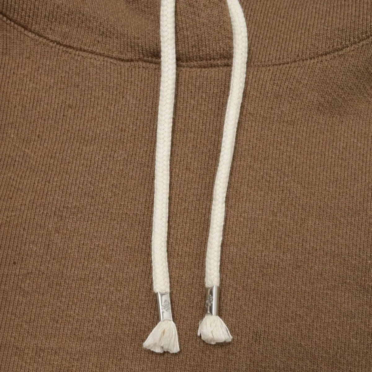milworks.momyote brown heavy French terry pullover hoodie featuring off-white cotton drawstrings with metal aglets