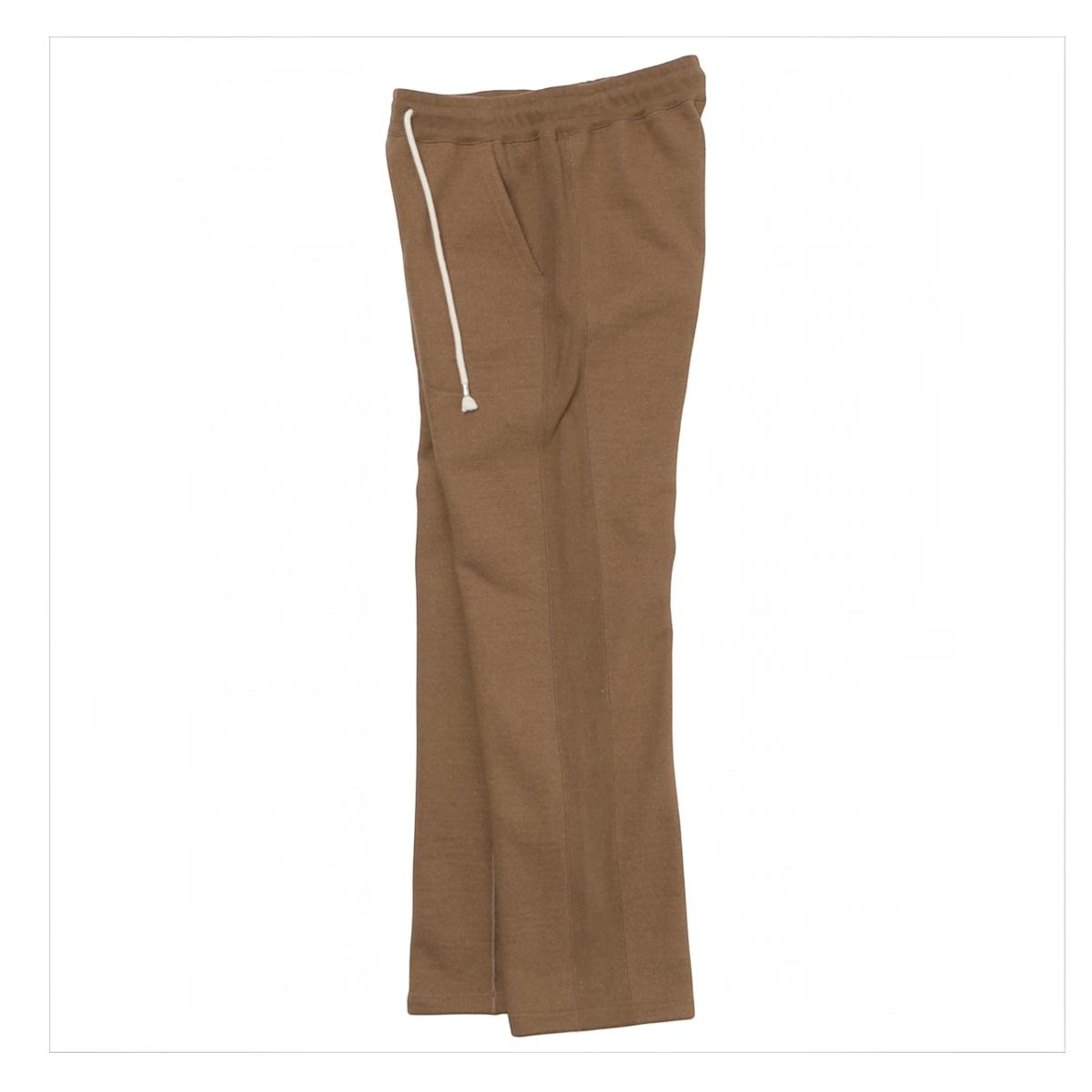 milworks.momyote brown heavy French terry sweatpants with drawstring waist, side panels, and straight leg fit.
