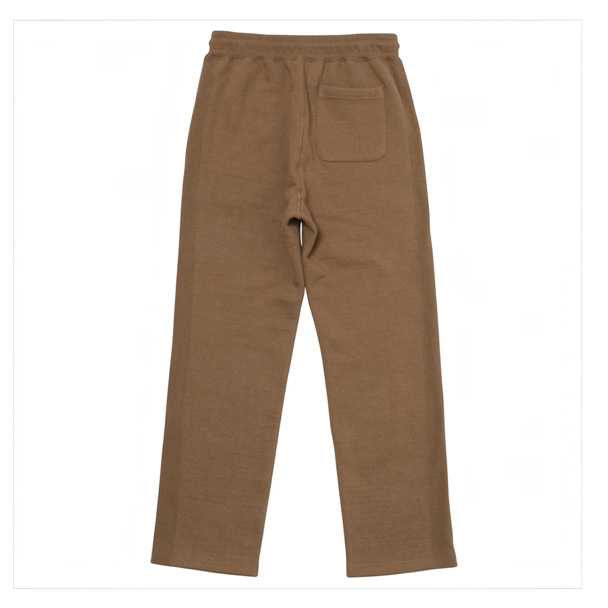 milworks.momyote brown heavy French terry sweatpants with a straight leg fit and rear patch pocket, back view.