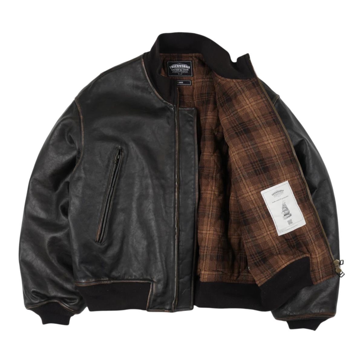 MILWORKS FrizmWORKS brown cowhide leather tanker jacket with a vintage patina finish and plaid lining