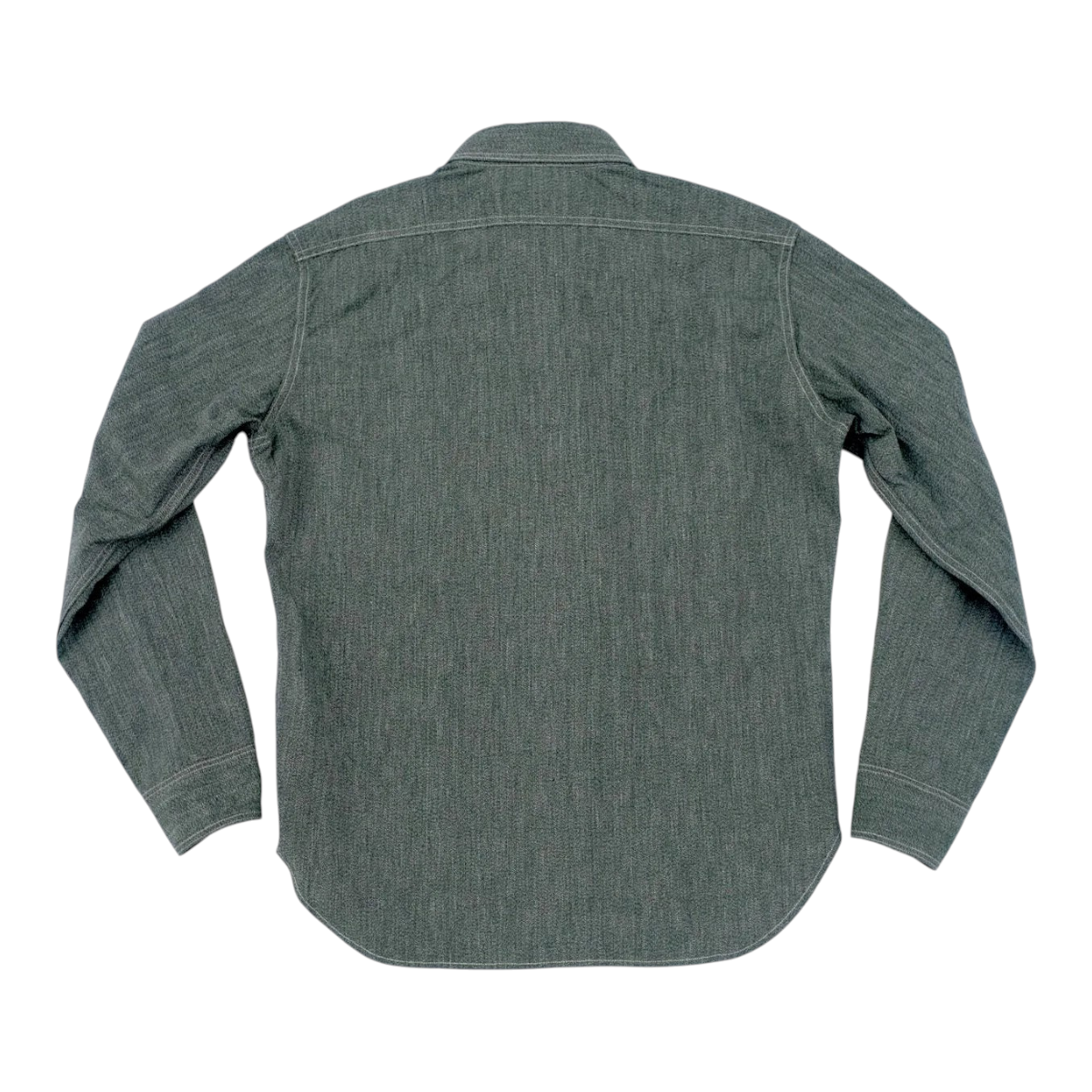 Back view of MILWORKS Atlas 6.5 oz. sage green selvedge salt and pepper chambray work shirt with high back yoke.