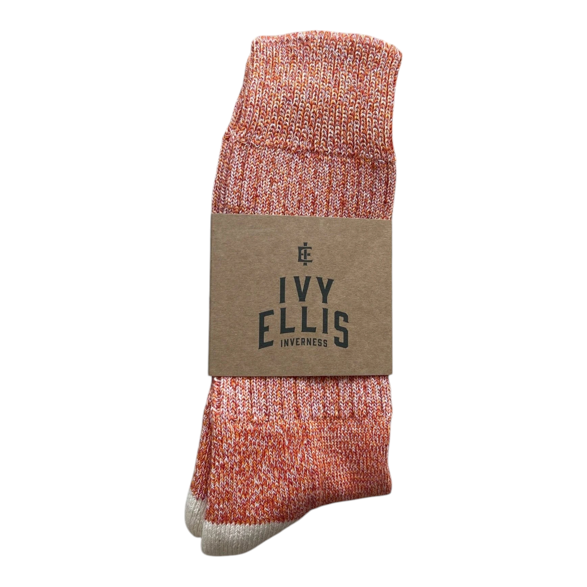 MILWORKS The Jojo crew length socks in orange and white cotton blend with a vintage climbing-inspired marled knit.